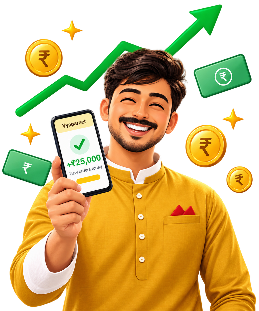 Smiling Indian businessman holding a phone showing ₹25,000 in new orders on Vyaparnet